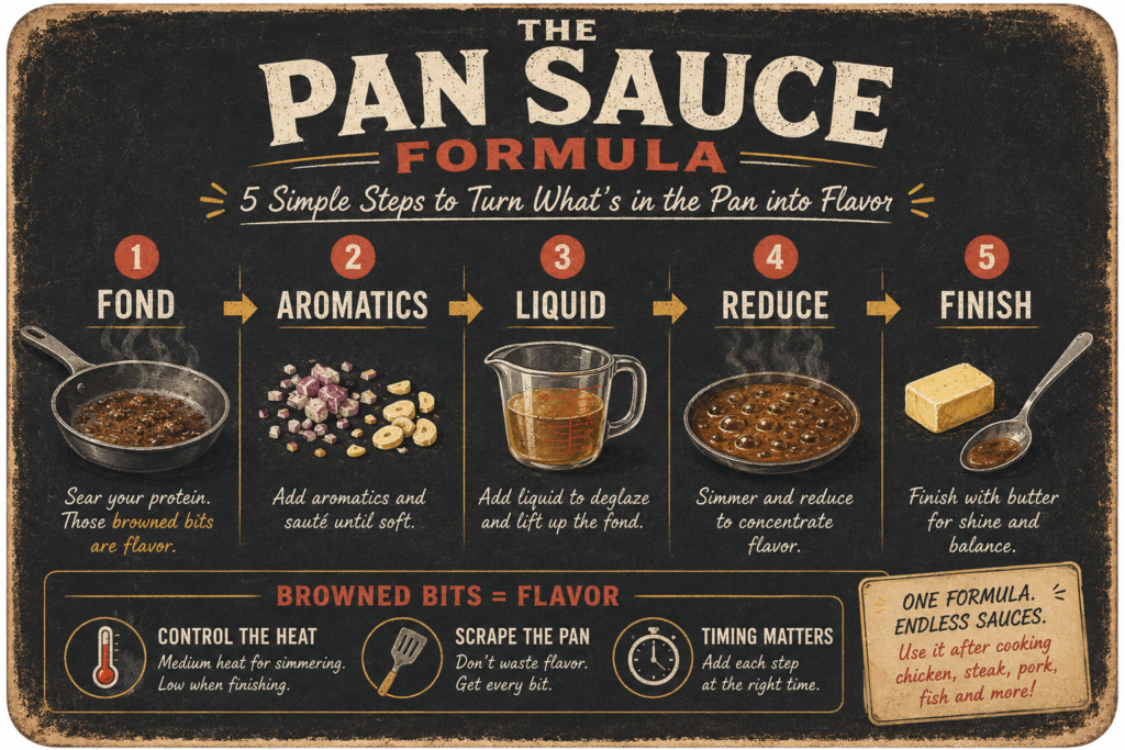 The Pan Sauce Formula infographic showing five steps: fond, aromatics, liquid, reduce, finish