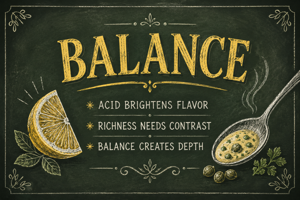Graphic image stating Balance: acid brightens flavor, richness needs contrast, and balance creates depth.