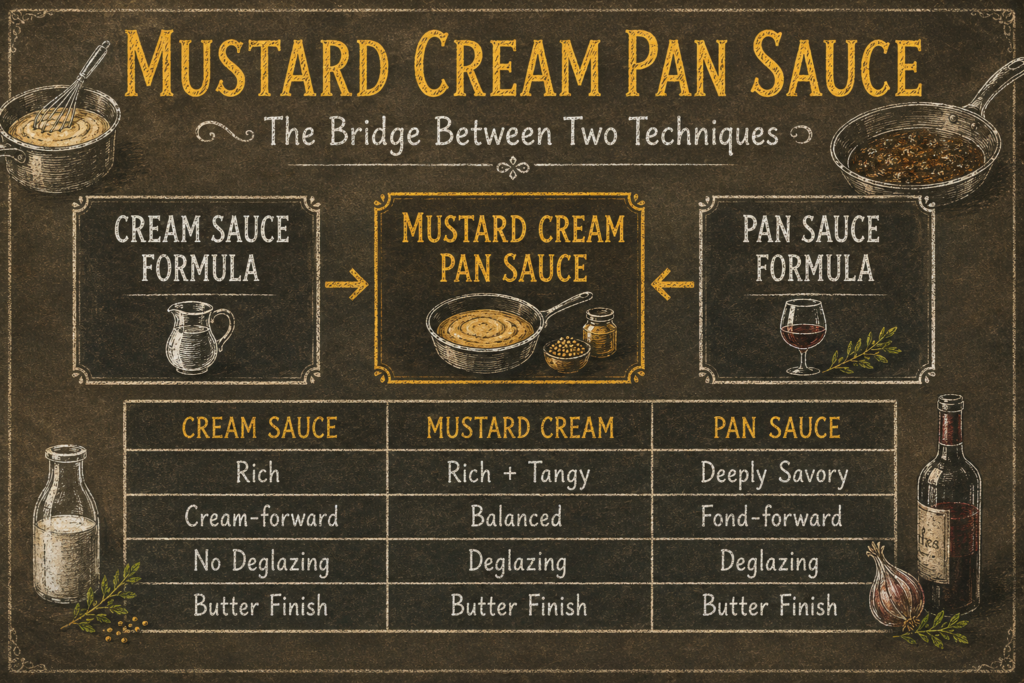 Chart showing Mustard Cream Pan Sauce is the bridge between a cream sauce and a pan sauce.