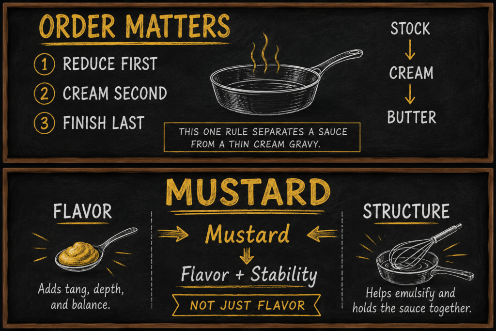 Chart showing order matters when making a mustard pan sauce. Reduce first, add cream, then finish.