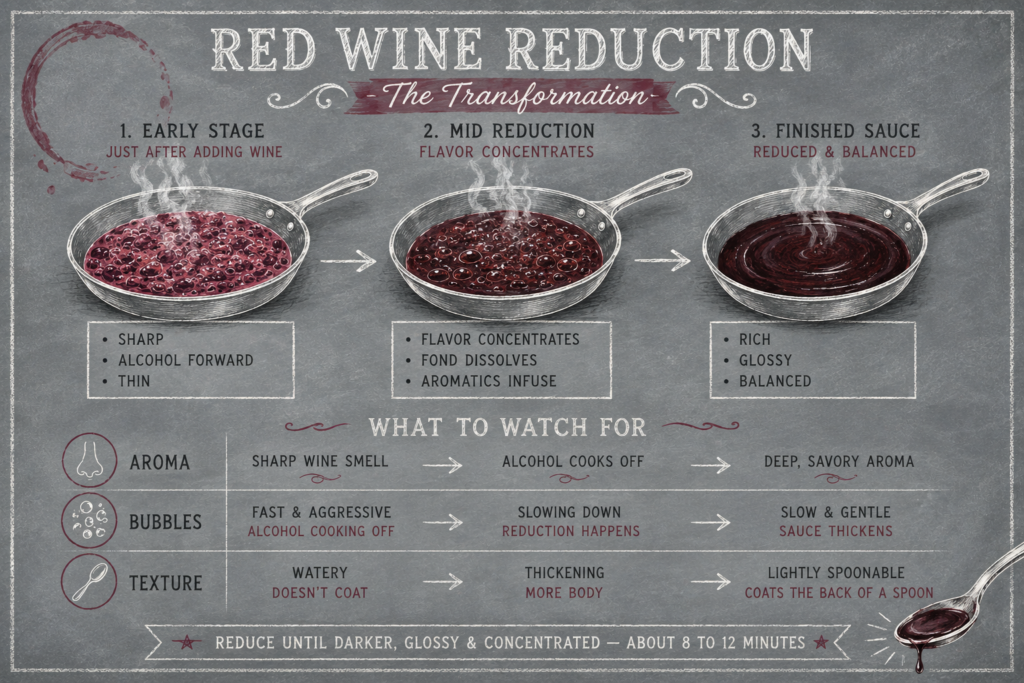 Three stages of red wine reduction — early stage, mid reduction, and finished sauce showing color and texture changes