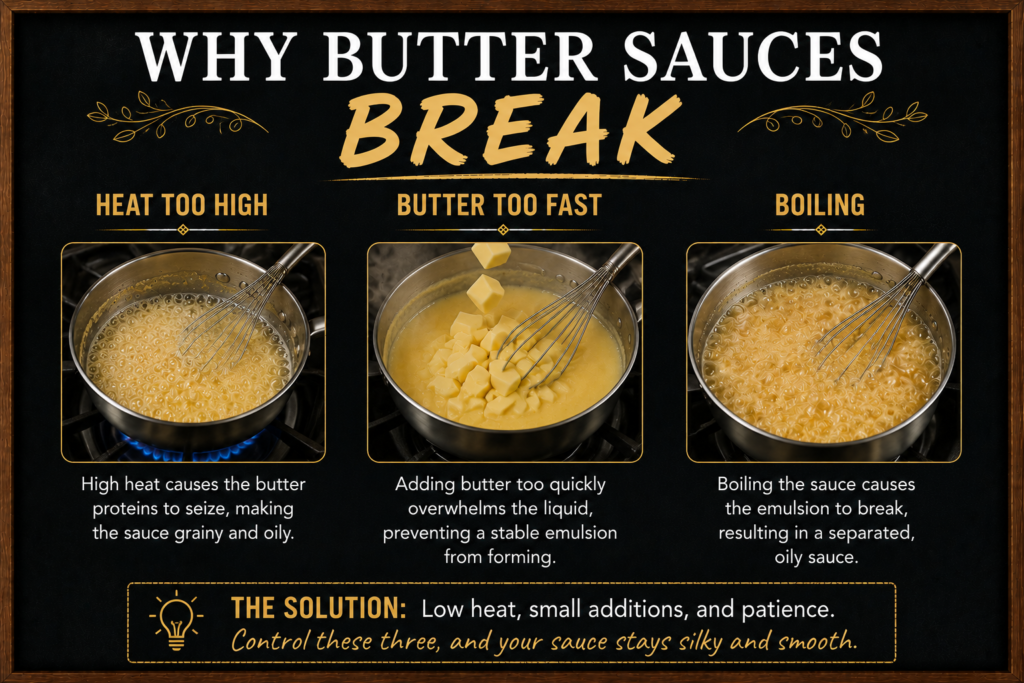 Infographic showing three reasons butter sauces break: high heat, butter added too fast, and boiling