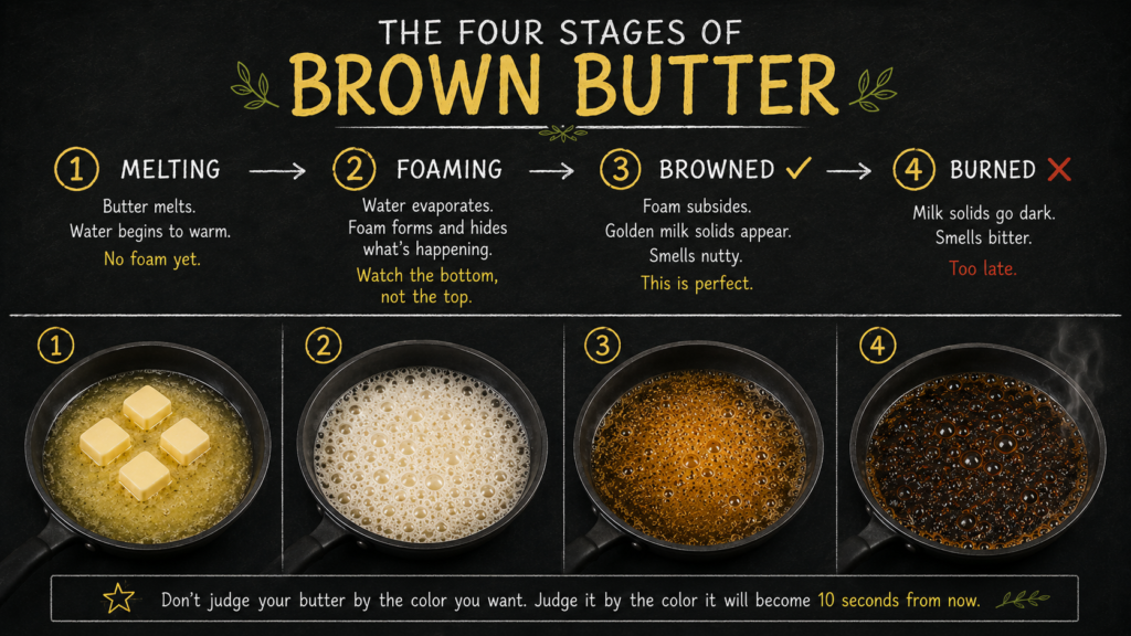 Graphic image of the four stages of brown butter: 1 melting 2 foaming 3 browned 4 burned