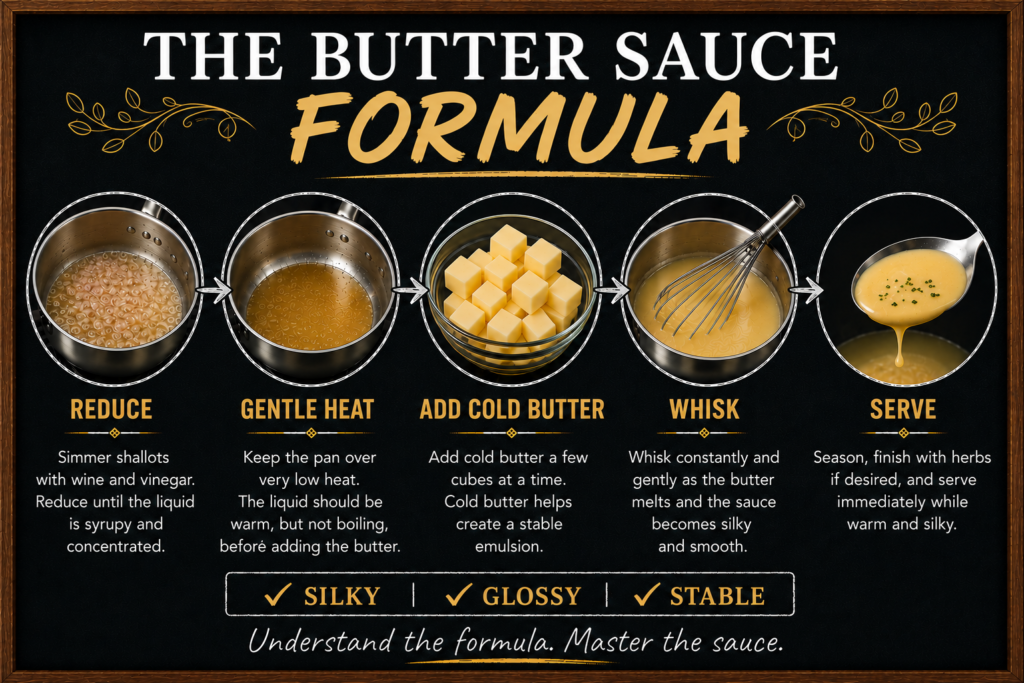 Infographic showing the five-step butter sauce formula: reduce, gentle heat, add cold butter, whisk, serve