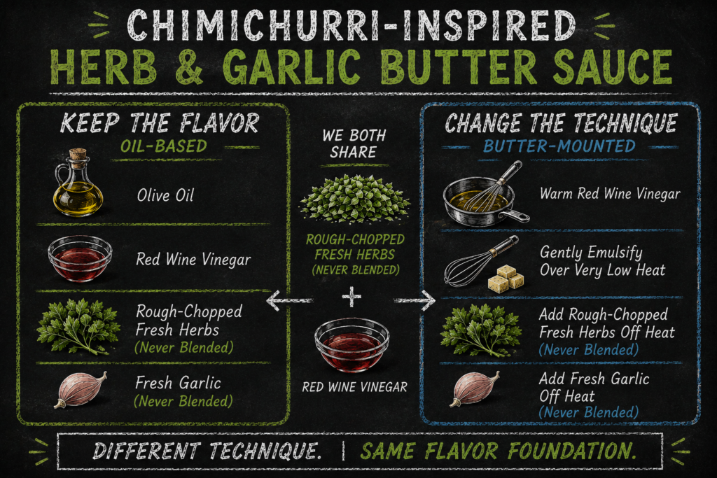 Graphic image comparing traditional oil based chimichurri and chimichurri inspired butter sauce. Left side oil, vinegar, herbs, garlic. Right side vinegar, butter, herbs, garlic.