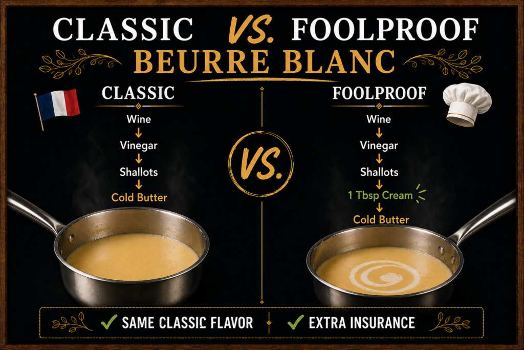 Infographic comparing classic beurre blanc to a foolproof version with one tablespoon of cream