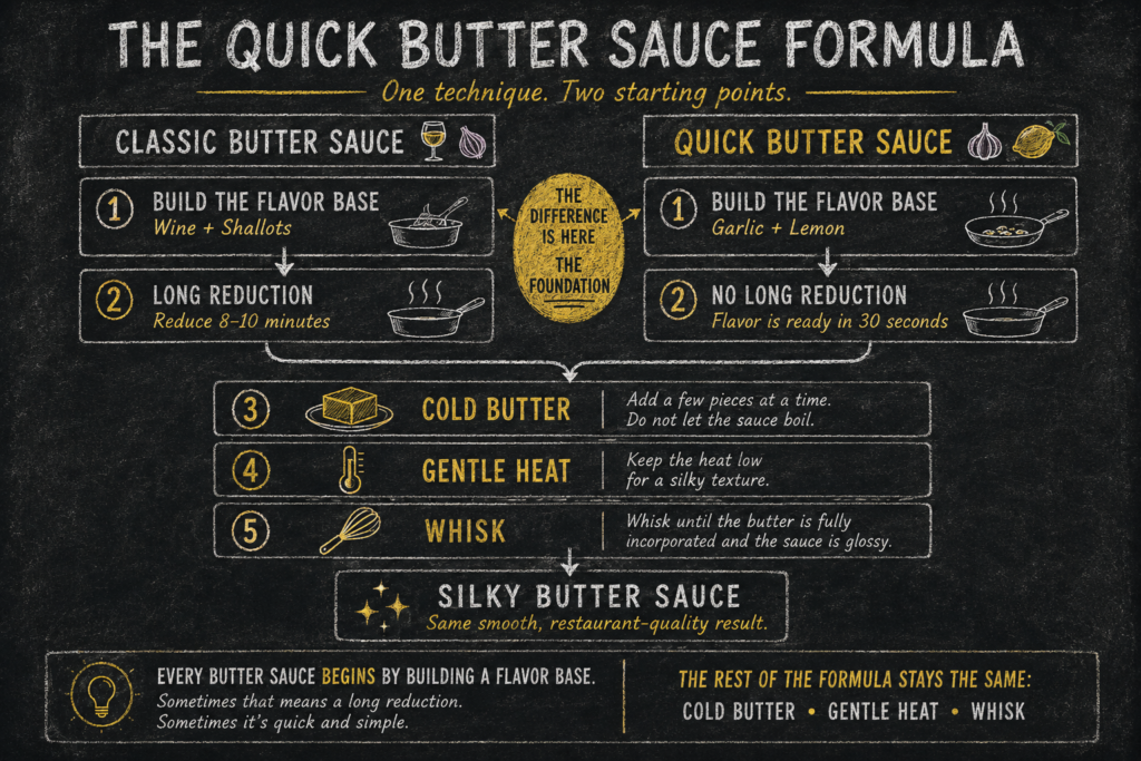 Chalkboard graphic of the butter sauce formula — acid, cold butter, gentle heat — noting that lemon skips the reduction step