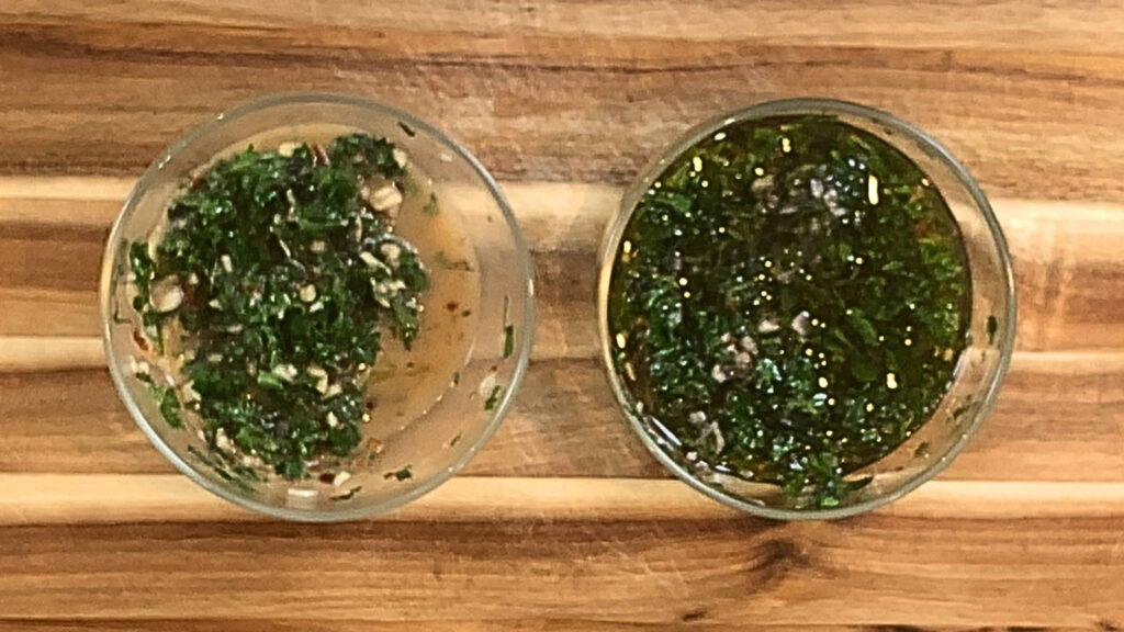 Side-by-side bowls of traditional oil-based chimichurri and chimichurri-inspired butter sauce showing the texture difference