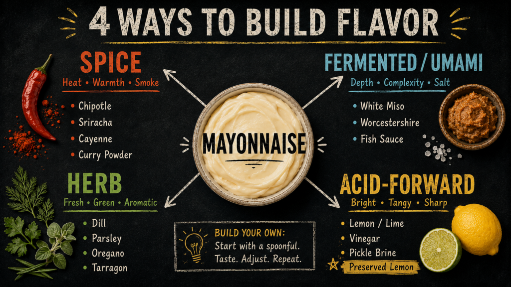 Graphic of four mayonnaise flavor profiles: Spice, Fermented/Umami, Herb, Acid Forward