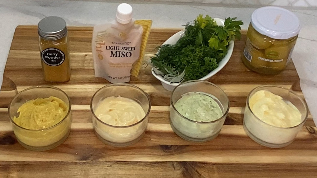 Four flavored mayonnaise: curry, miso, herb, and preserved lemon