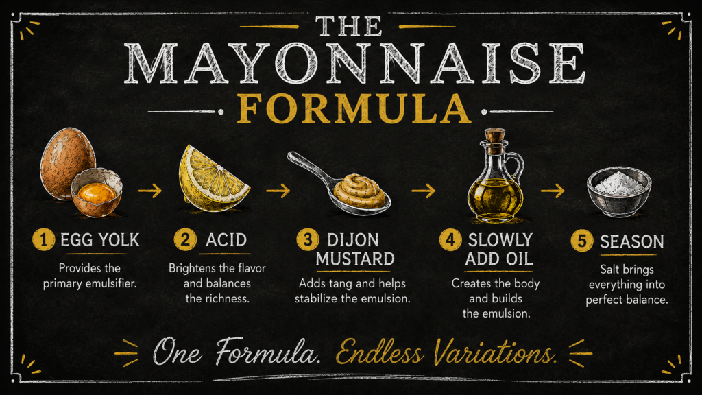 "The Mayonnaise Formula" ratio graphic — Showing that you need Egg Yolk, Acid, Dijon Mustard, Oil, and Seasoning.